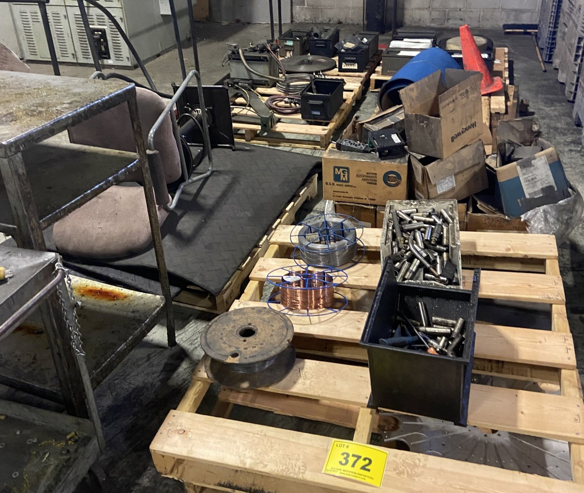 LOT (7) PALLETS OF ASSORTED TOOLING, ELECTRIC MOTORS, WELDING WIRE, FILTERS, CONTROL VALVES, CHAIN
