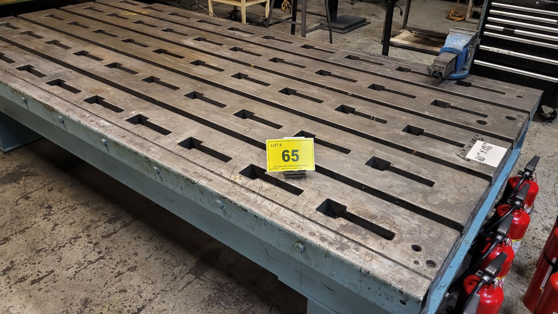 APPROX. 126" X 60" T-SLOT METAL LAYOUT TABLE W/ VISE - Image 4 of 4