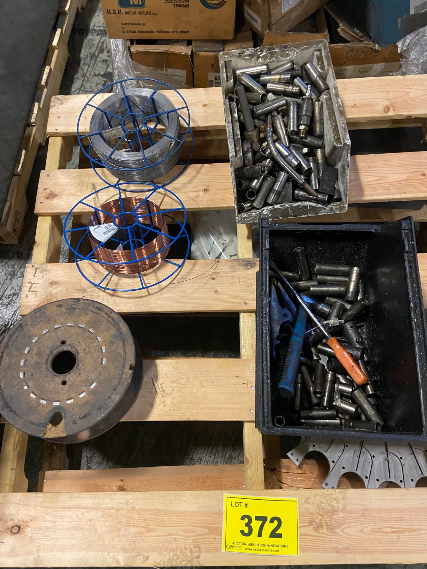 LOT (7) PALLETS OF ASSORTED TOOLING, ELECTRIC MOTORS, WELDING WIRE, FILTERS, CONTROL VALVES, CHAIN - Image 2 of 9