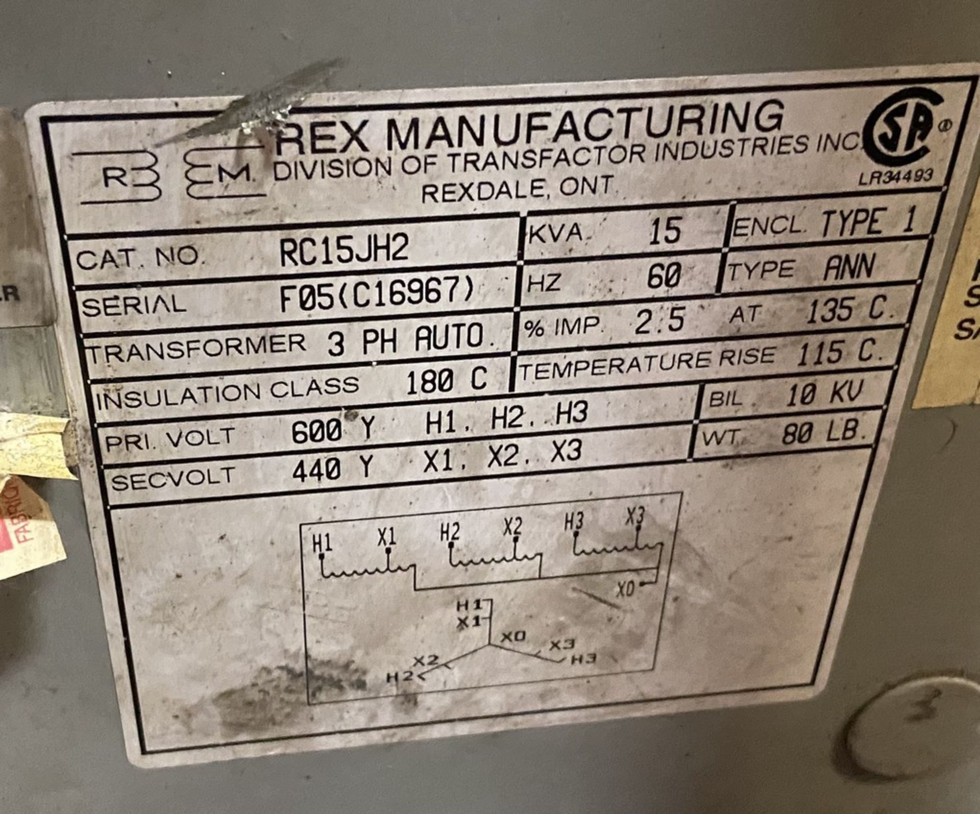 REX MANUFACTURING UP TO 400V TRANSFORMER C/W CART, 15KVA - Image 4 of 4