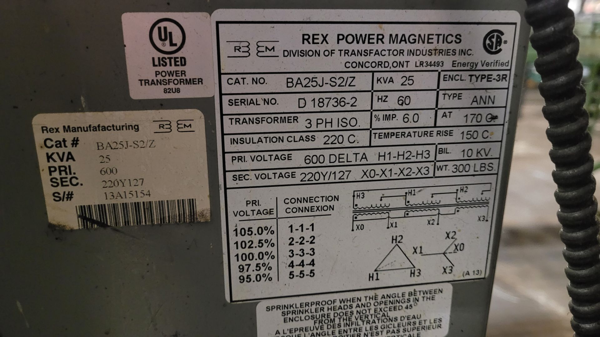 REX POWER MAGNETICS 25KVA TRANSFORMER, 600V PRIMARY, 220Y/127 SECONDARY (RIGGING FEE $75) - Image 3 of 3