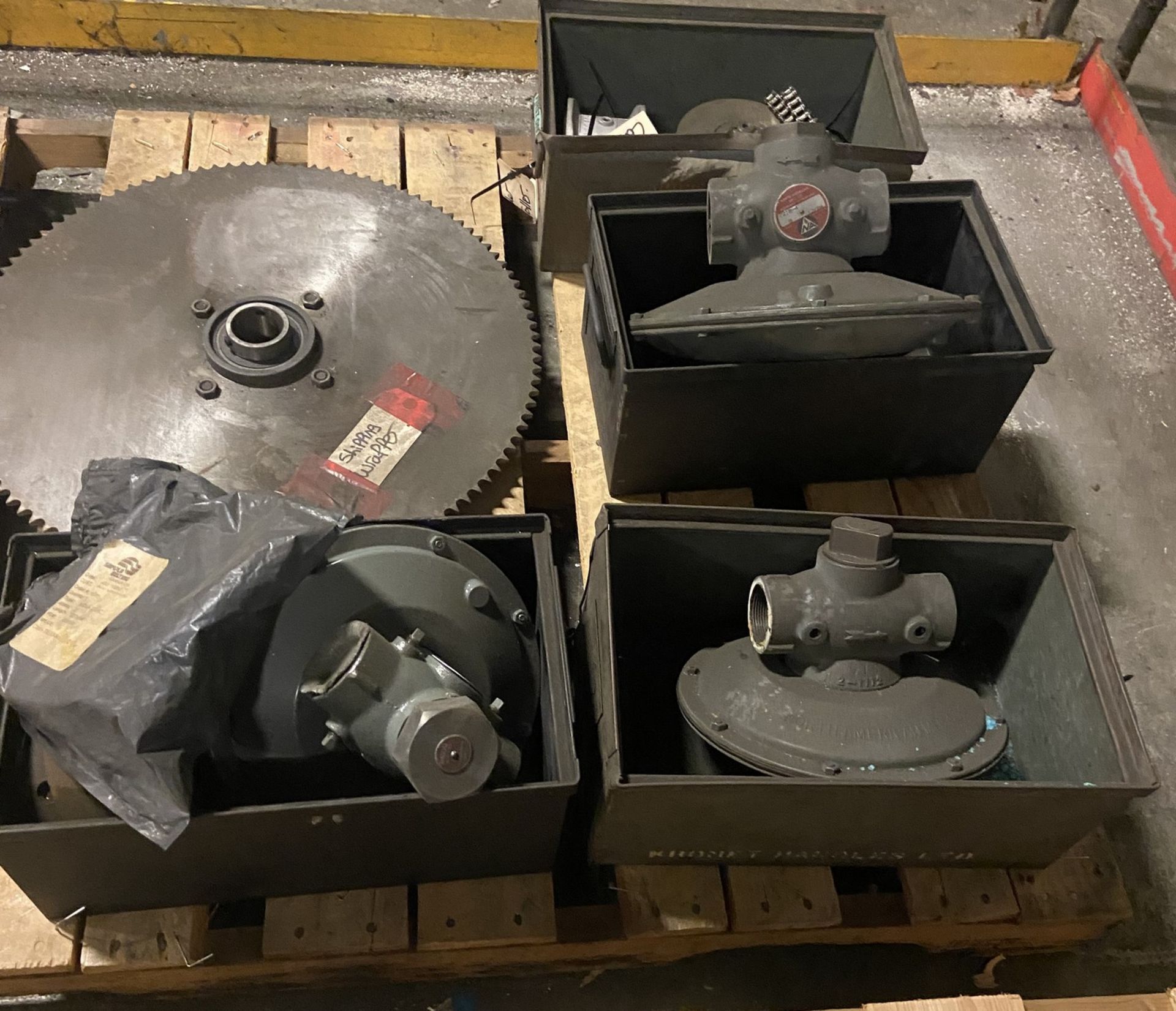 LOT (7) PALLETS OF ASSORTED TOOLING, ELECTRIC MOTORS, WELDING WIRE, FILTERS, CONTROL VALVES, CHAIN - Image 7 of 9