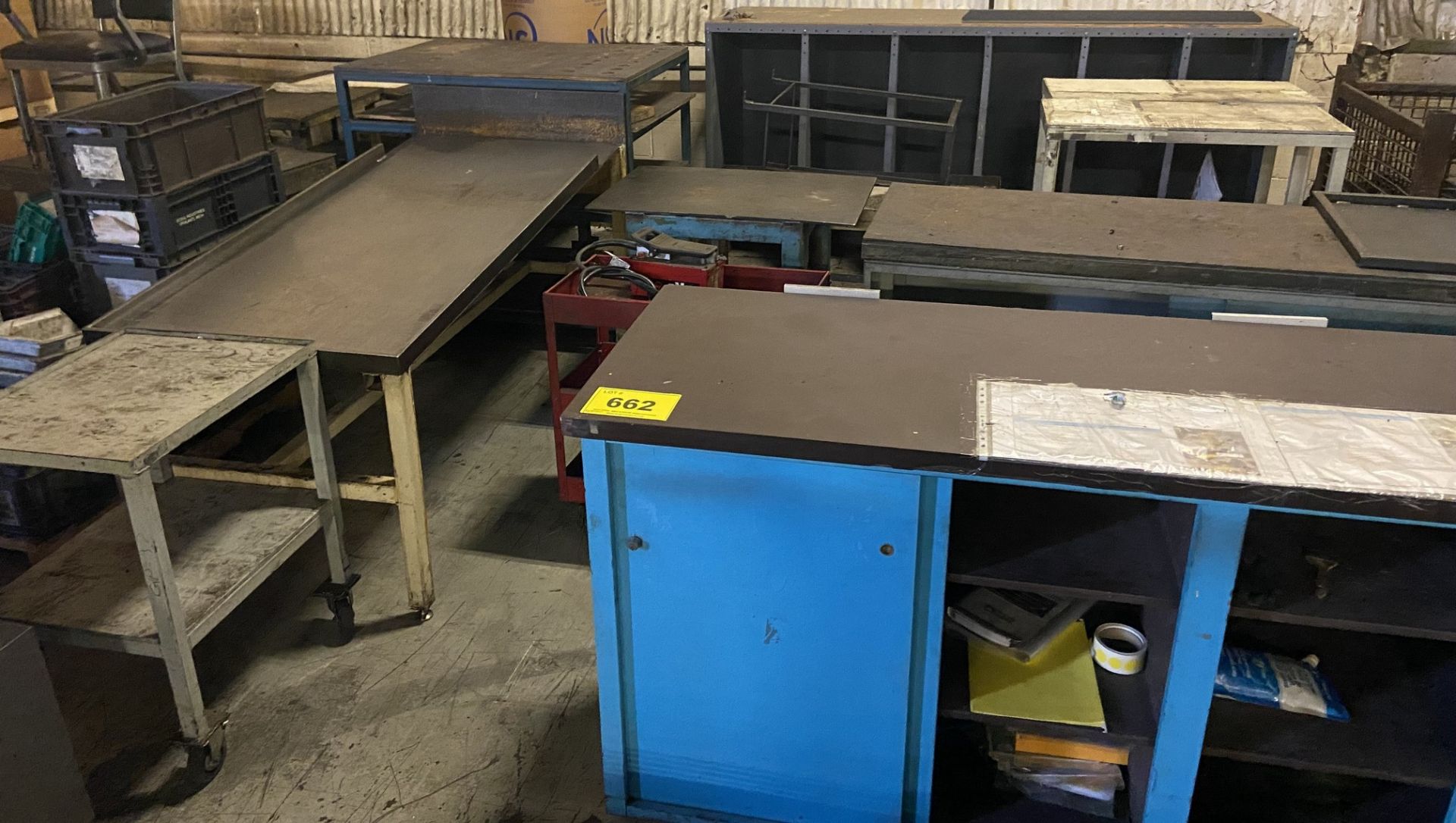 ASSORTED TABLES, BENCHES, CARTS SHELVING