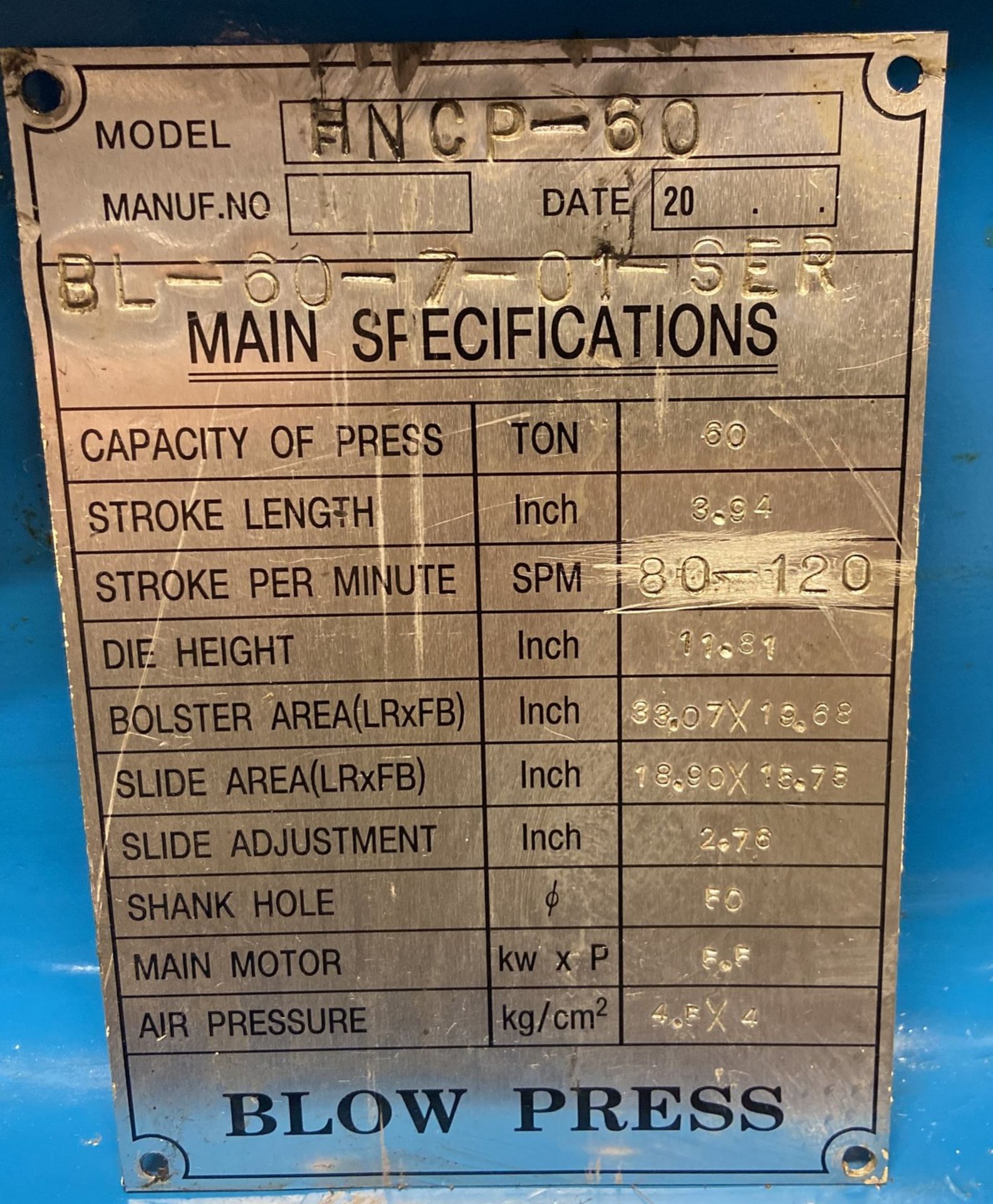 BLOW HNCP-60 OBI PUNCH PRESS, 60 TON CAPACITY, 3.94" STROKE, 19.68" X 33.07" BED, 80-120 STROKES/ - Image 11 of 14