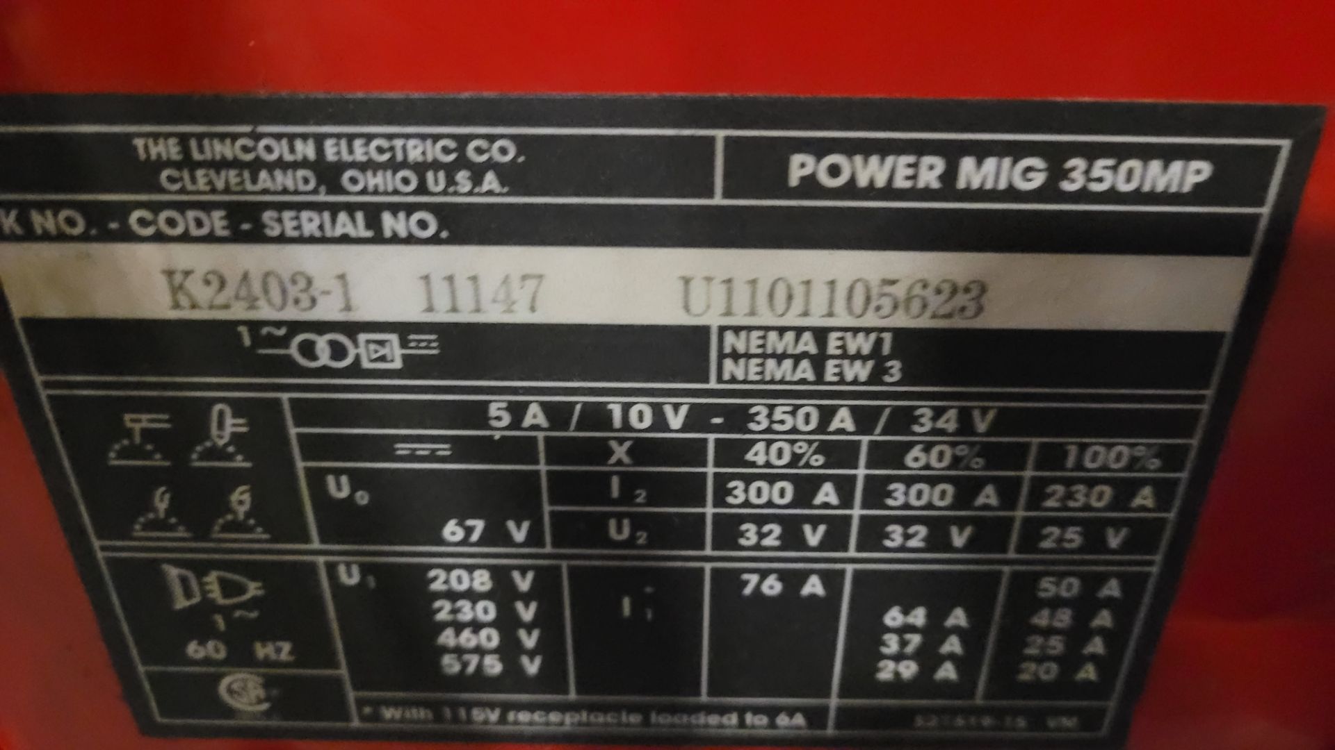 LINCOLN ELECTRIC 350 MP POWER MIG WELDER, CODE K2403-1 11147, S/N U1101105623 - Image 3 of 3
