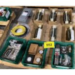 LOT OF ASST. VALVES, SWITCHBOX, GAUGES, NSK LINEAR GUIDES, ETC.