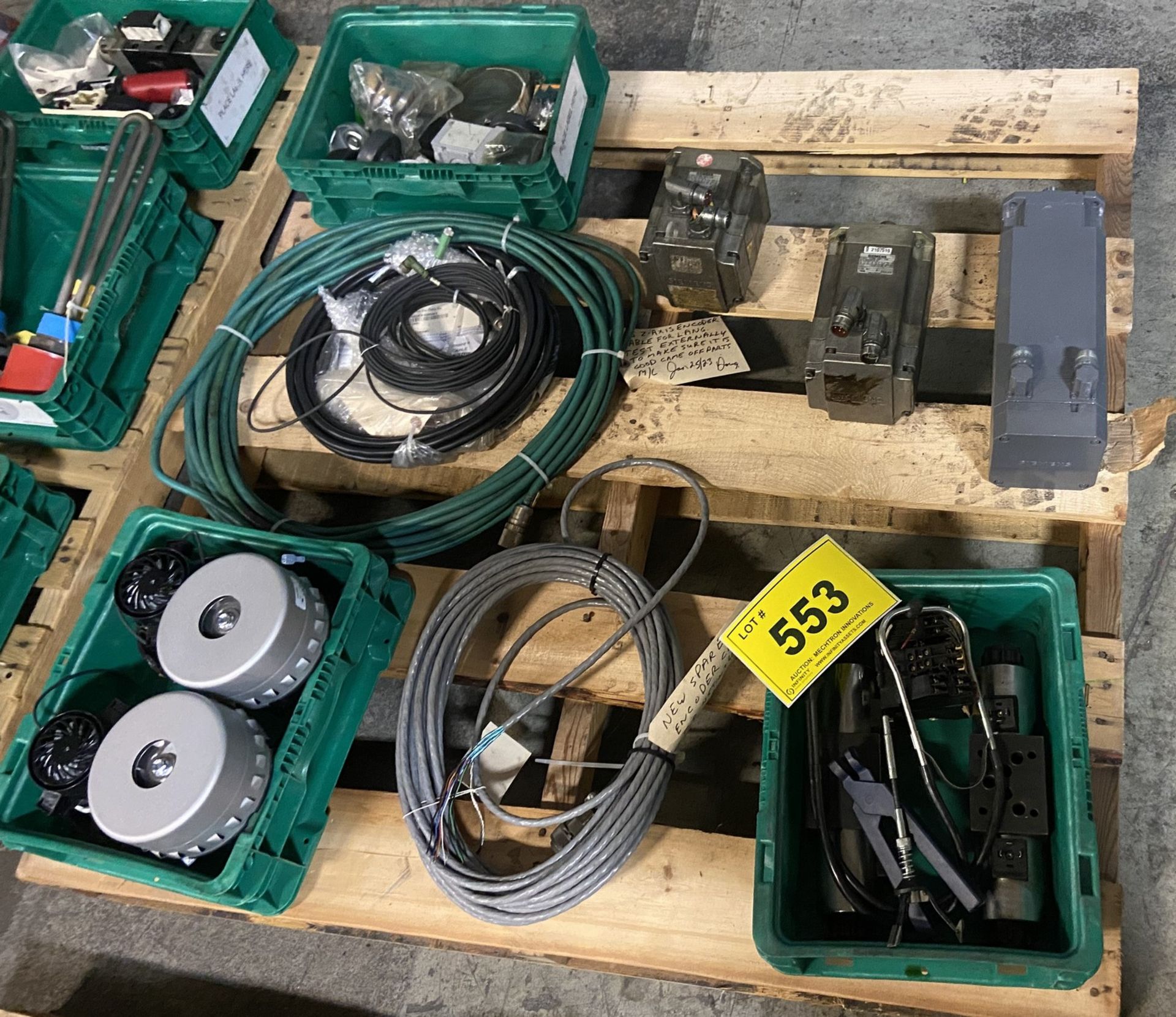 LOT OF ASST. SERVO MOTORS, HARDWARE, GEAR PULLERS, RELAYS, ENCODERS, MOTORS, ETC.