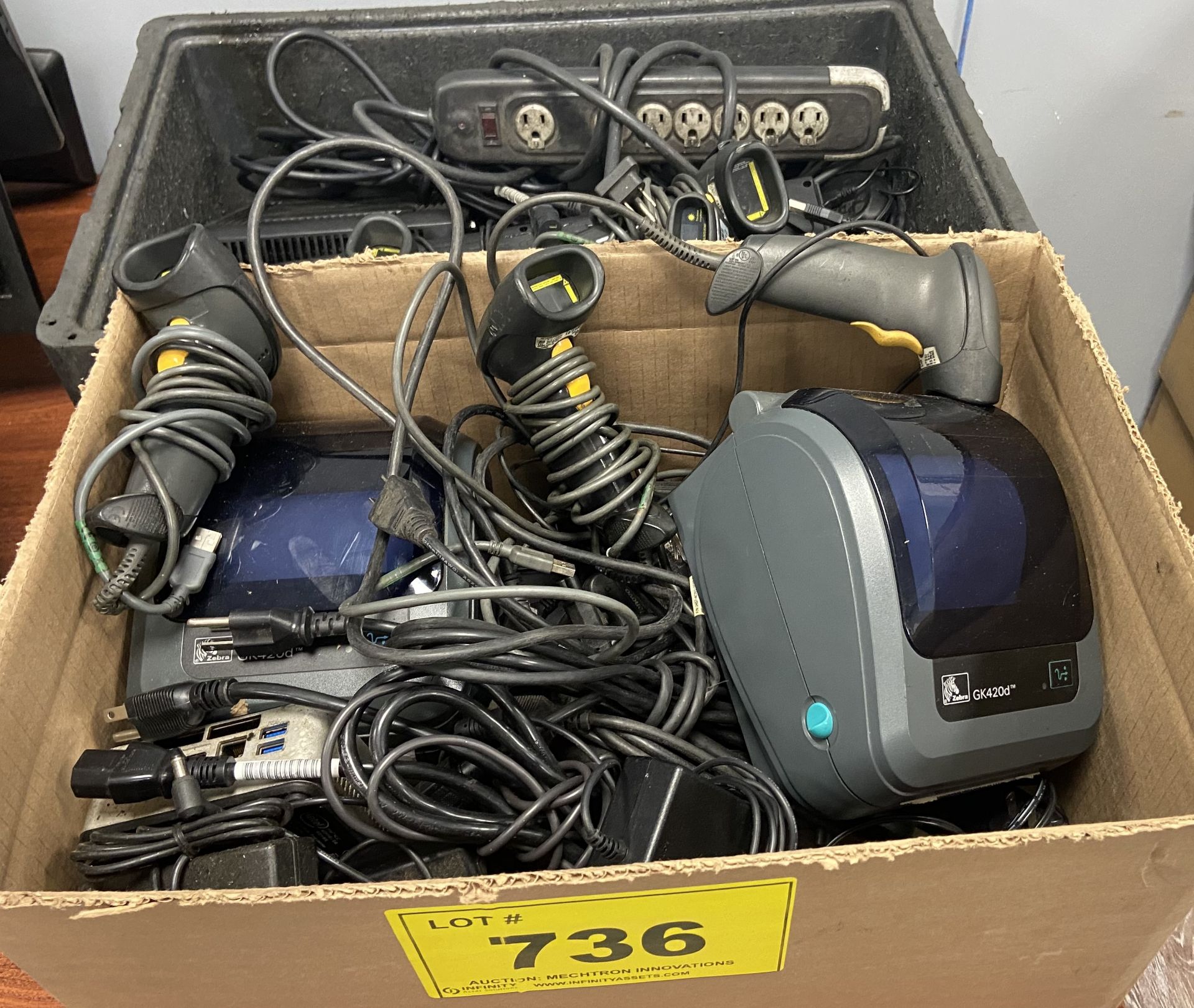 LOT OF (2) BOXES OF LABEL PRINTERS, SCANNERS, ETC.