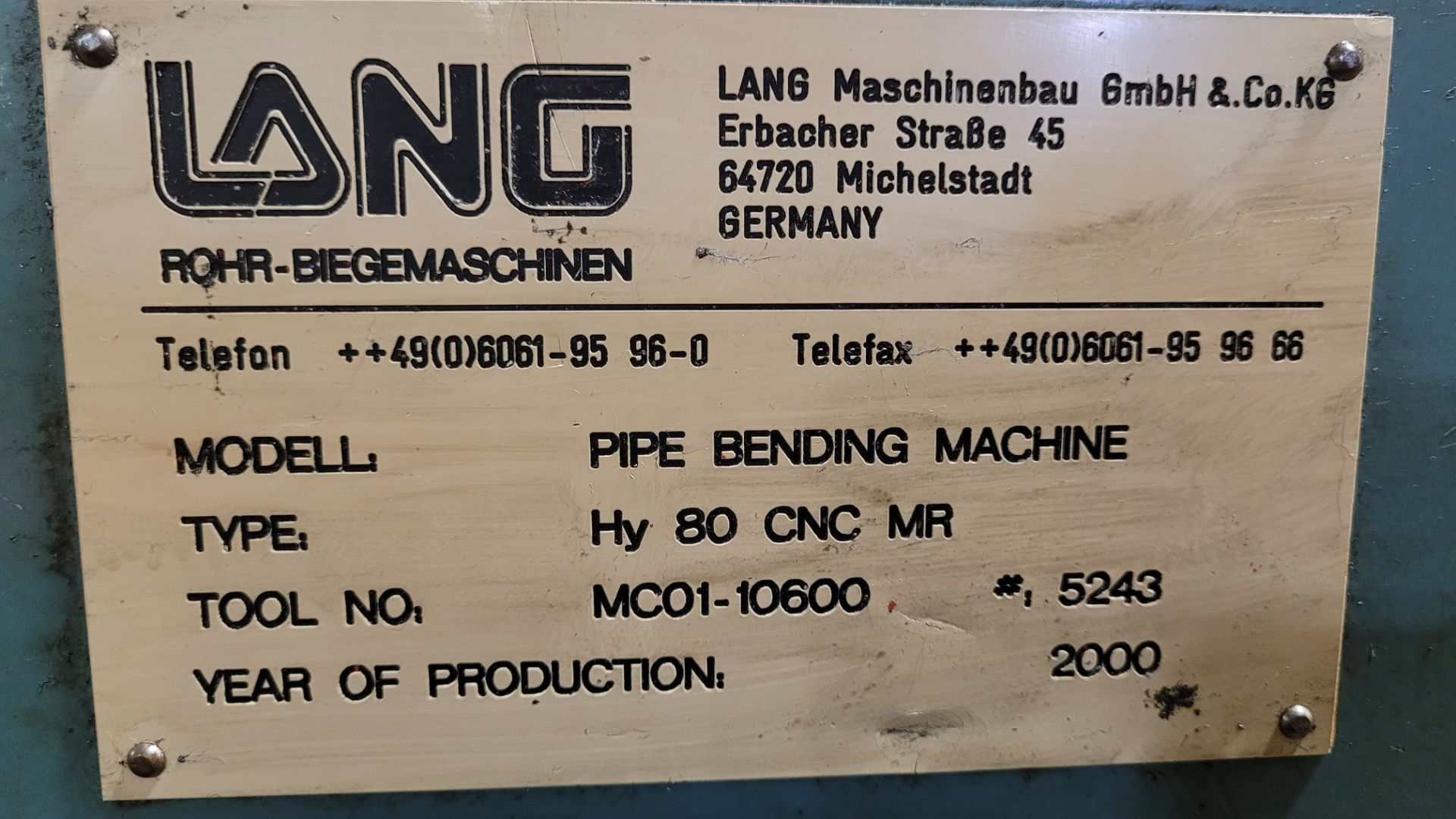LANG TUBE BENDING MACHINE MODEL HY 80 CNC MR S/N MC01-10600 C/W ASST DIES & TOOLING (RIGGING FEE $ - Image 3 of 12