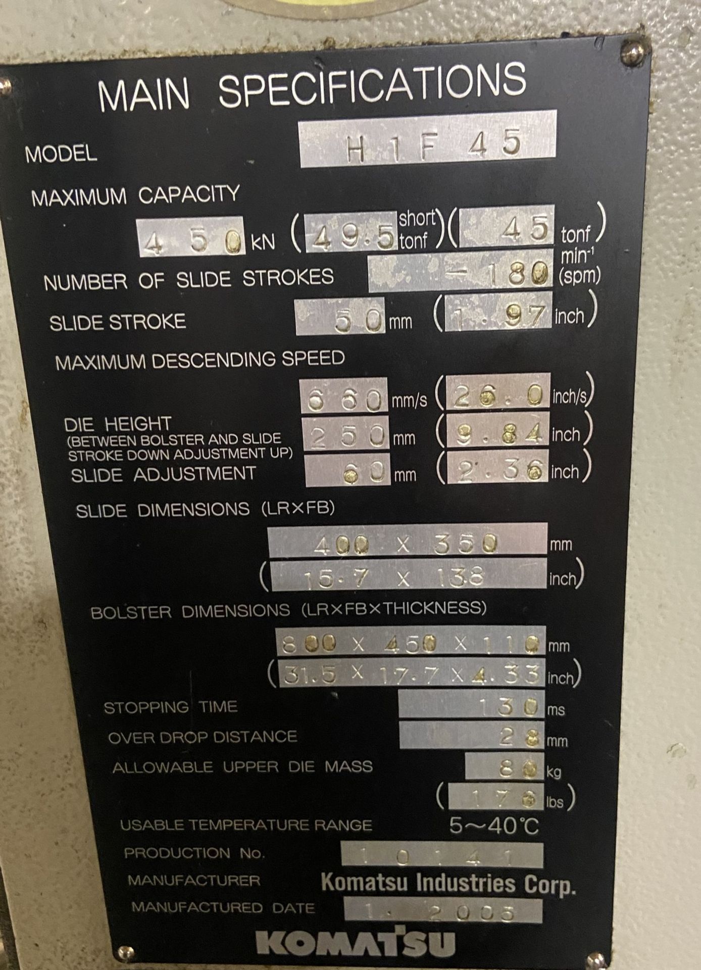 KOMATSU HIF45 SERVO PUNCH PRESS, 45 TON CAPACITY, 180 SPM, S/N: 10141 (RIGGING FEE $720) - Image 10 of 18