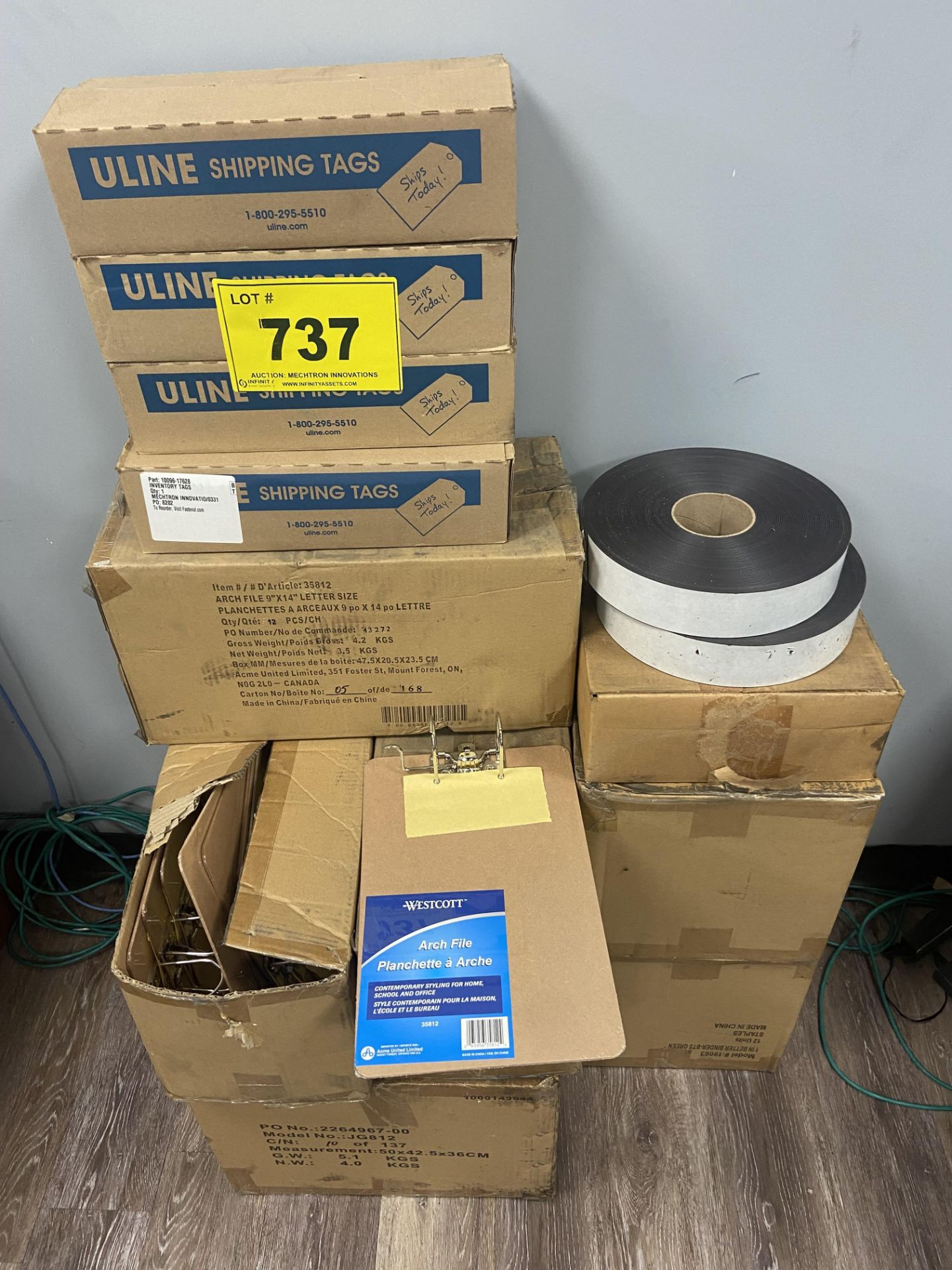 LOT OF ASST. BOXES OF SHIPPING TAGS AND ROLLS OF TAPE, ETC.