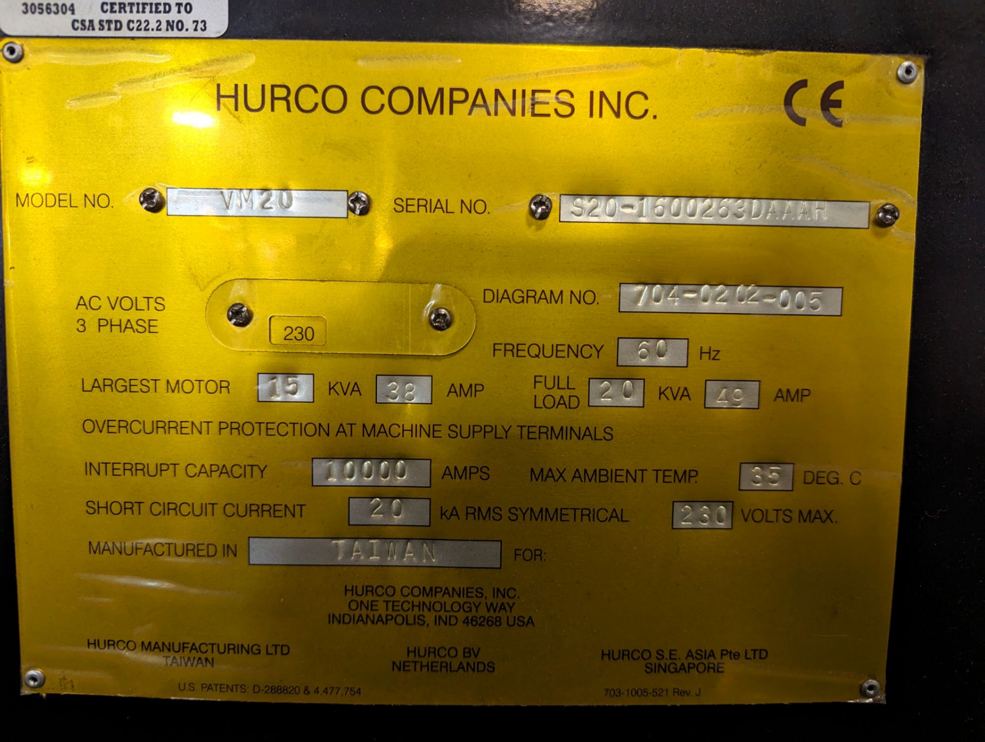 2013 HURCO VM20I CNC VERTICAL MACHINING CENTER, CNC CONTROL, 20” X 46” TABLE, CAT40, (20) ATC, 20HP, - Image 6 of 7