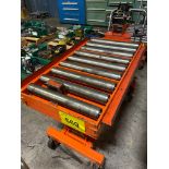 PORTABLE DIE LIFT TABLE ON CASTORS, 1650 LBS, C/W 19" X 39" ROLL TOP CONVEYOR & CABLE WINCH