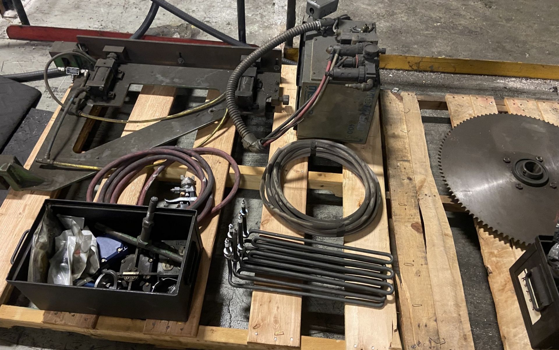 LOT (7) PALLETS OF ASSORTED TOOLING, ELECTRIC MOTORS, WELDING WIRE, FILTERS, CONTROL VALVES, CHAIN - Image 8 of 9