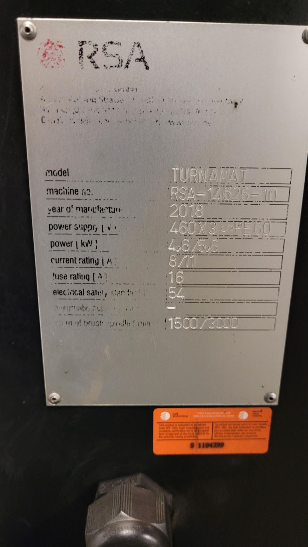 2018 RSA TURNAMAT DEBURRING MACHINE, 1,500 – 3,000 RPM, S/N RSA-14626-10 (RIGGING FEE $50) - Image 3 of 4