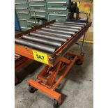 PORTABLE DIE LIFT TABLE ON CASTORS, 1650 LBS, C/W 19" X 39" ROLL TOP CONVEYOR & CABLE WINCH