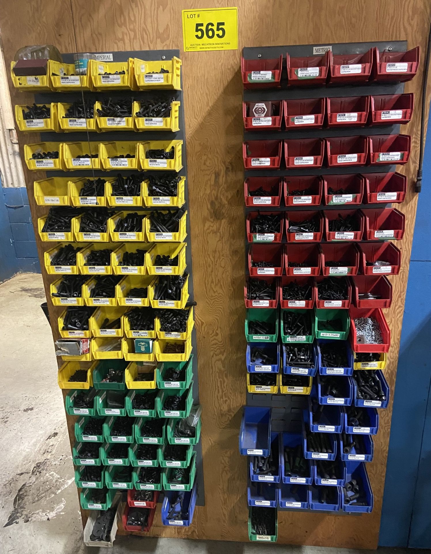 WALL MOUNTED NUTS & BOLTS STORAGE BINS C/W CONTENTS