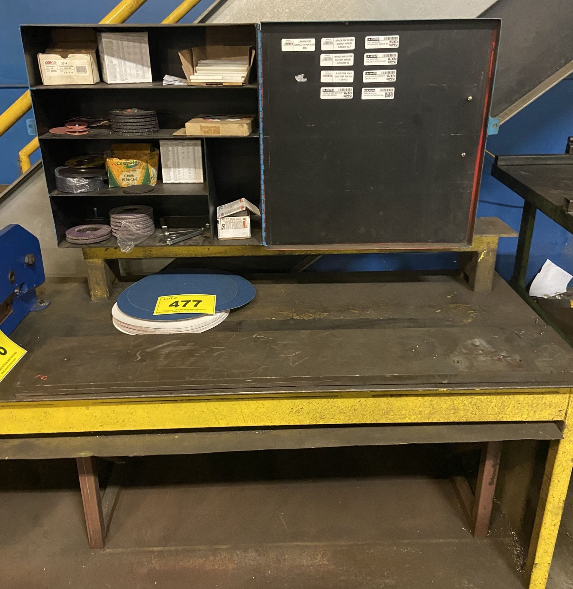 METAL WORK BENCH C/W STORAGE CABINET, GRINDING BLADES