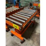 PORTABLE DIE LIFT TABLE ON CASTORS, 1650 LBS, C/W 19" X 39" ROLL TOP CONVEYOR & CABLE WINCH