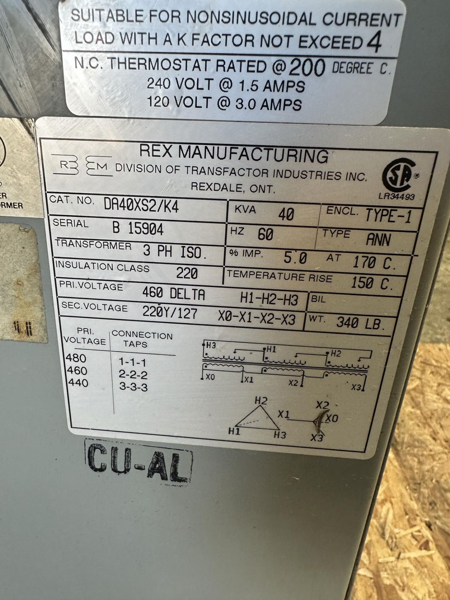 REX MANUFACTURING 40KVA TRANSFORMER, 460V PRIMARY, 220Y/127 SECONDARY (LOCATED IN BRANTFORD, - Image 3 of 3