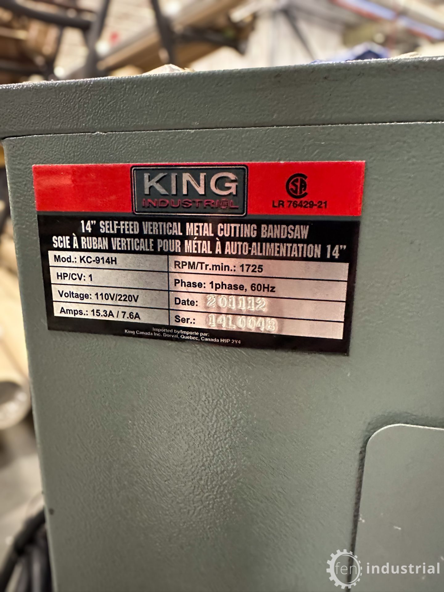 2011 KING INDUSTRIAL KC-914H 14” SELF-FEED / ROLL-IN VERTICAL METAL CUTTING BANDSAW, 1,725 RPM, - Image 10 of 27
