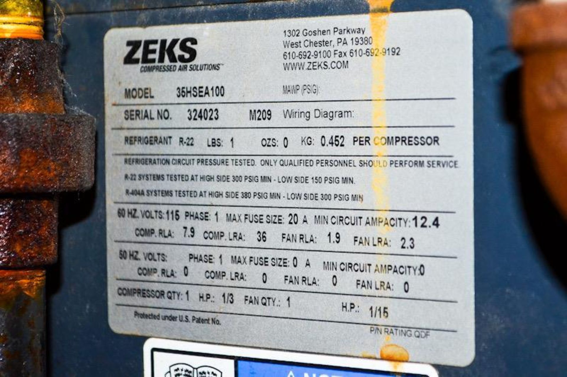 ZEKS HEATSINK 35HSEA100 35 CFM CYCLING REFRIGERATED COMPRESSED AIR DRYER, R-22, 1/3HP COMPRESSOR - Image 3 of 3