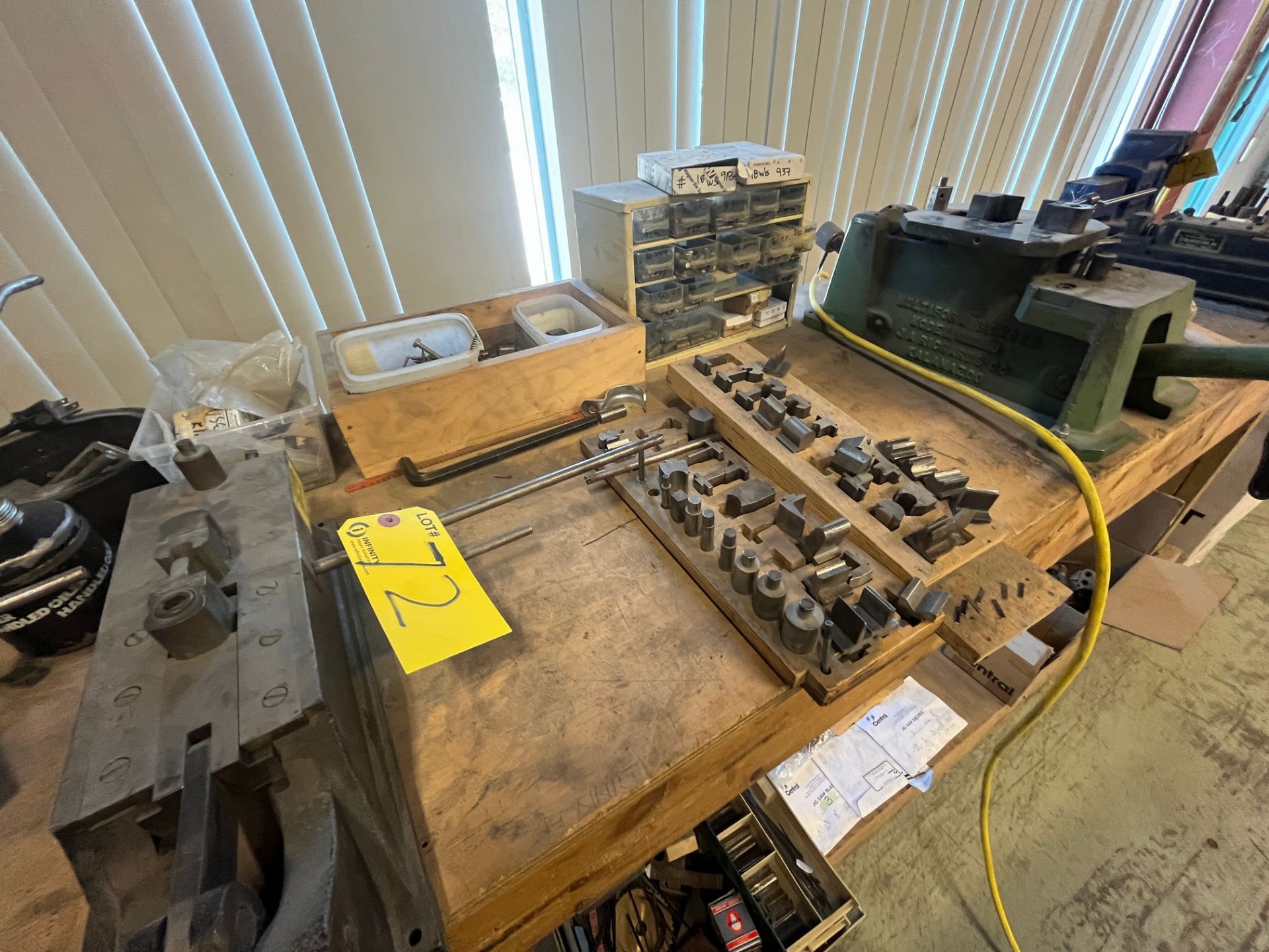 WORKBENCH W/ 6" VISE, DIE CUTTER TOOLING AND DIES, JIGSAW BLADES, TOOLBOX - Image 3 of 6