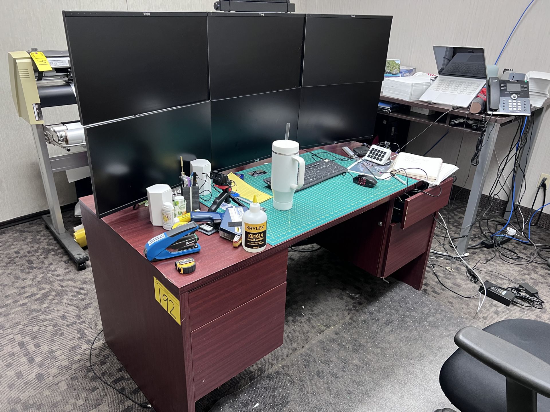 DESK, TABLE, CHAIR, (2) CABINETS, ROLL TOP CABINET, WHITEBOARD (NO CONTENTS)