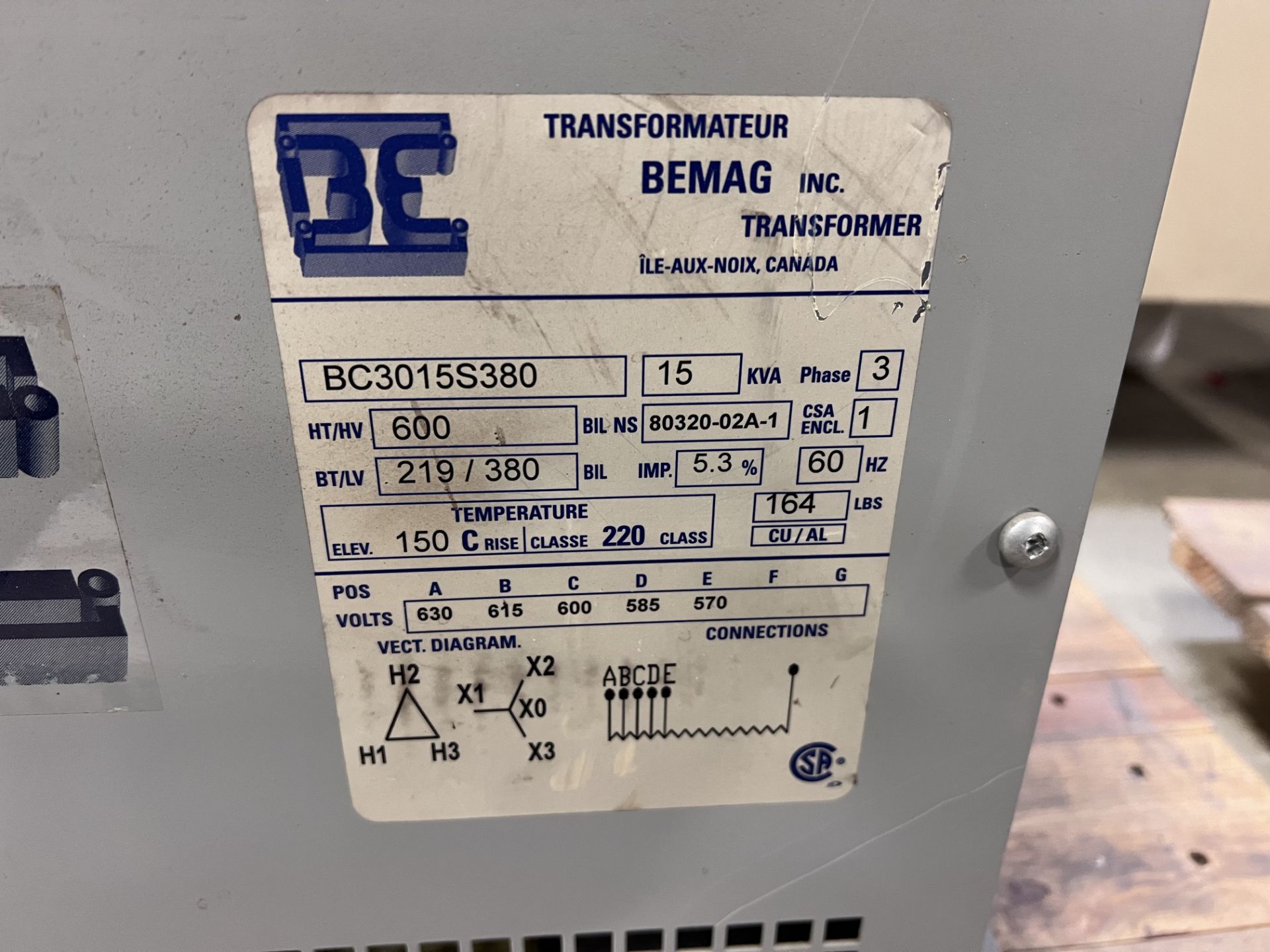 BEMAG 15KVA TRANSFORMER, 600V TO 219/380V - Image 2 of 2