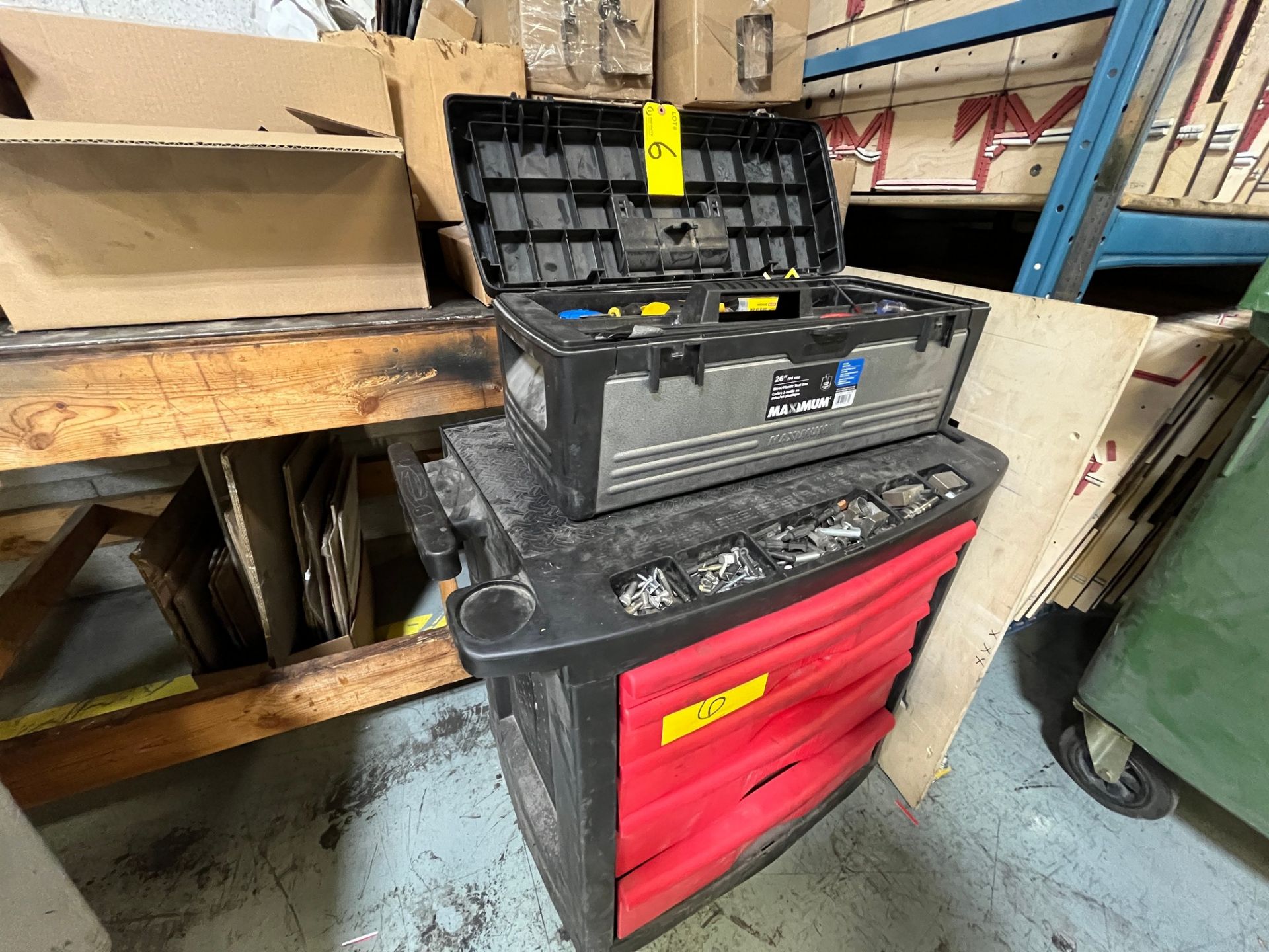 RUBBERMAID AND MAXIMUM TOOLBOXES W/ TOOLS