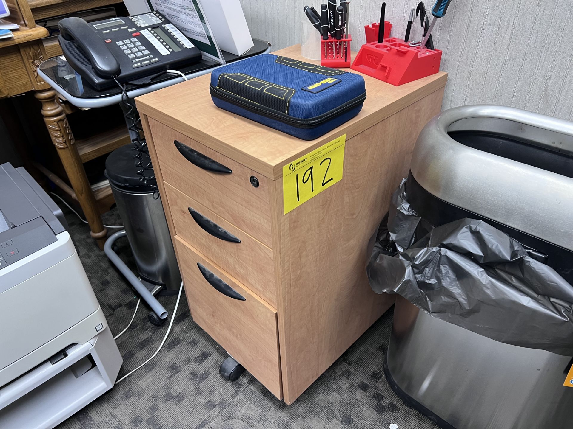 DESK, TABLE, CHAIR, (2) CABINETS, ROLL TOP CABINET, WHITEBOARD (NO CONTENTS) - Image 3 of 4