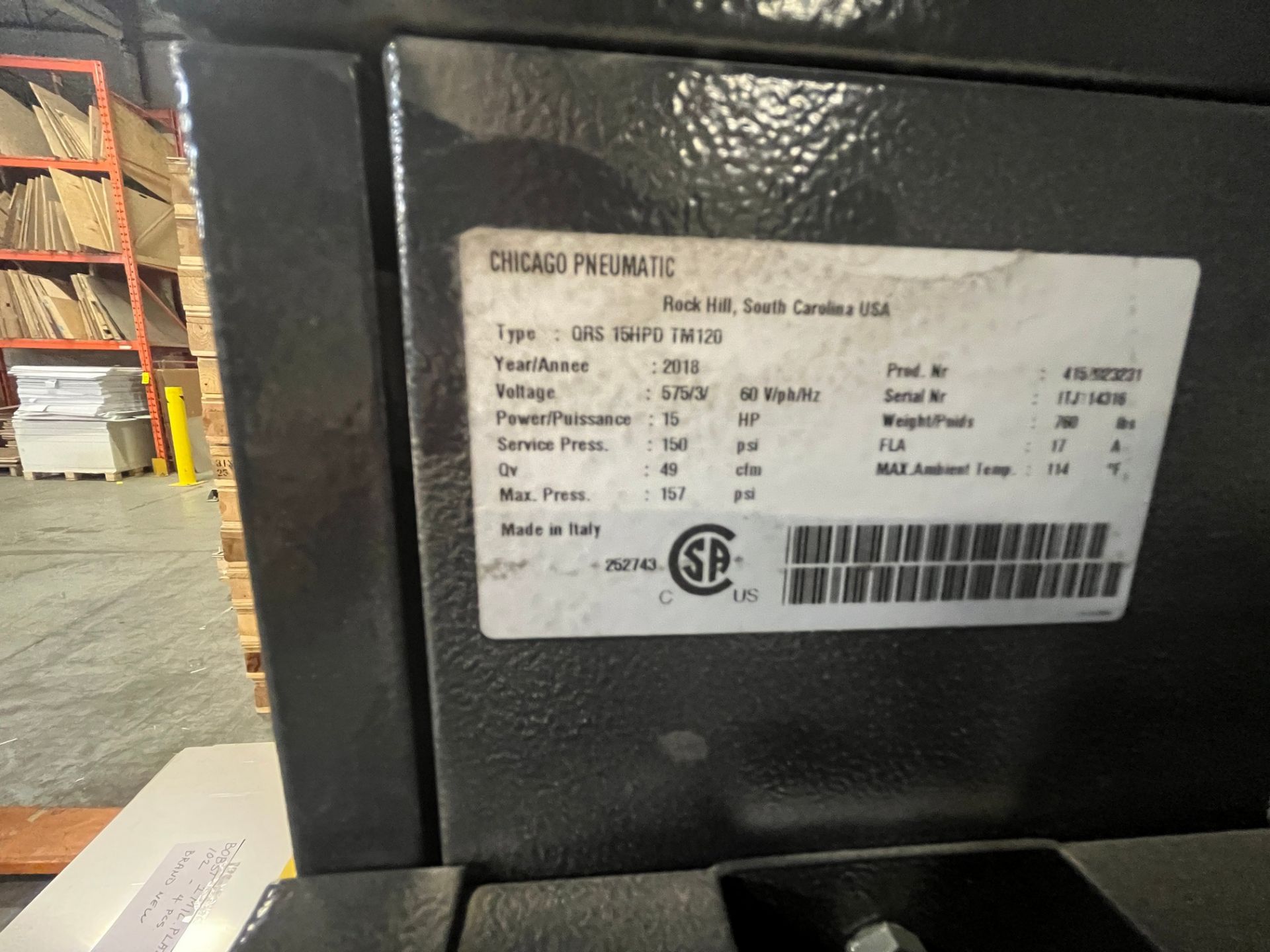 2018 CHICAGO QRS15HPD TM120 15HP ROTARY SCREW AIR COMPRESSOR WITH AIR DRYER AND TANK S/N - Image 5 of 5