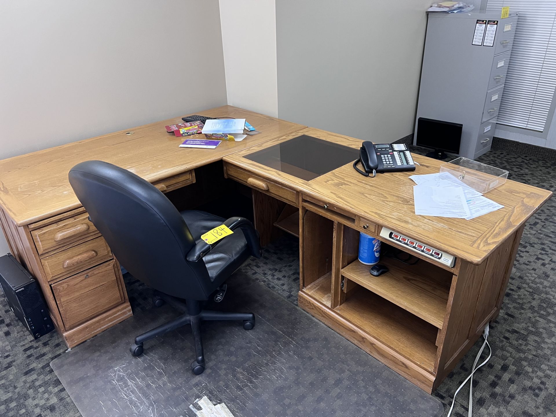 L-SHAPED DESK, (2) CHAIRS, FILE CABINET