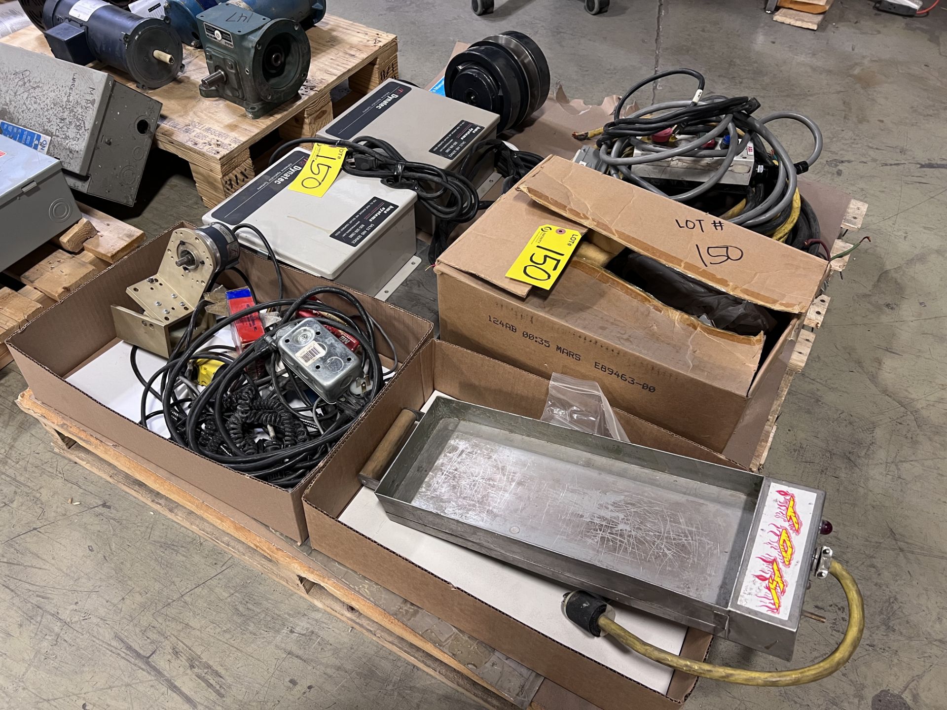 PALLET W/ MIXED CONTENTS, WIRE, ABB CONTROLLER, HOT ELECTRIC HEATER, MB BEARINGS, HONER MOTOR /