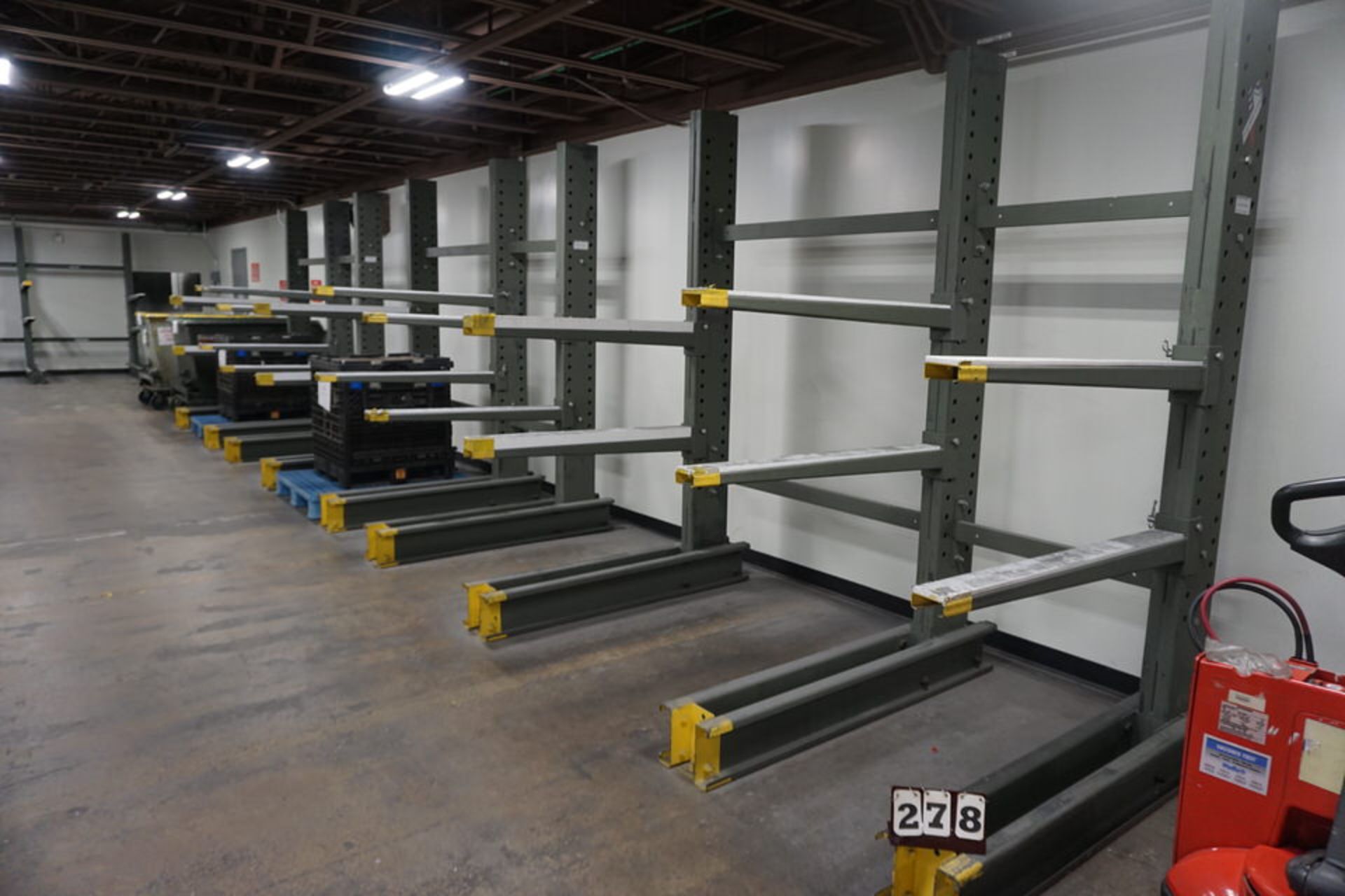 (7) Cantilever Racks, Approx 8'w x 4' Arms x 8' Tall, Rated 3,000 lb cap Per Shelf, Sold Empty