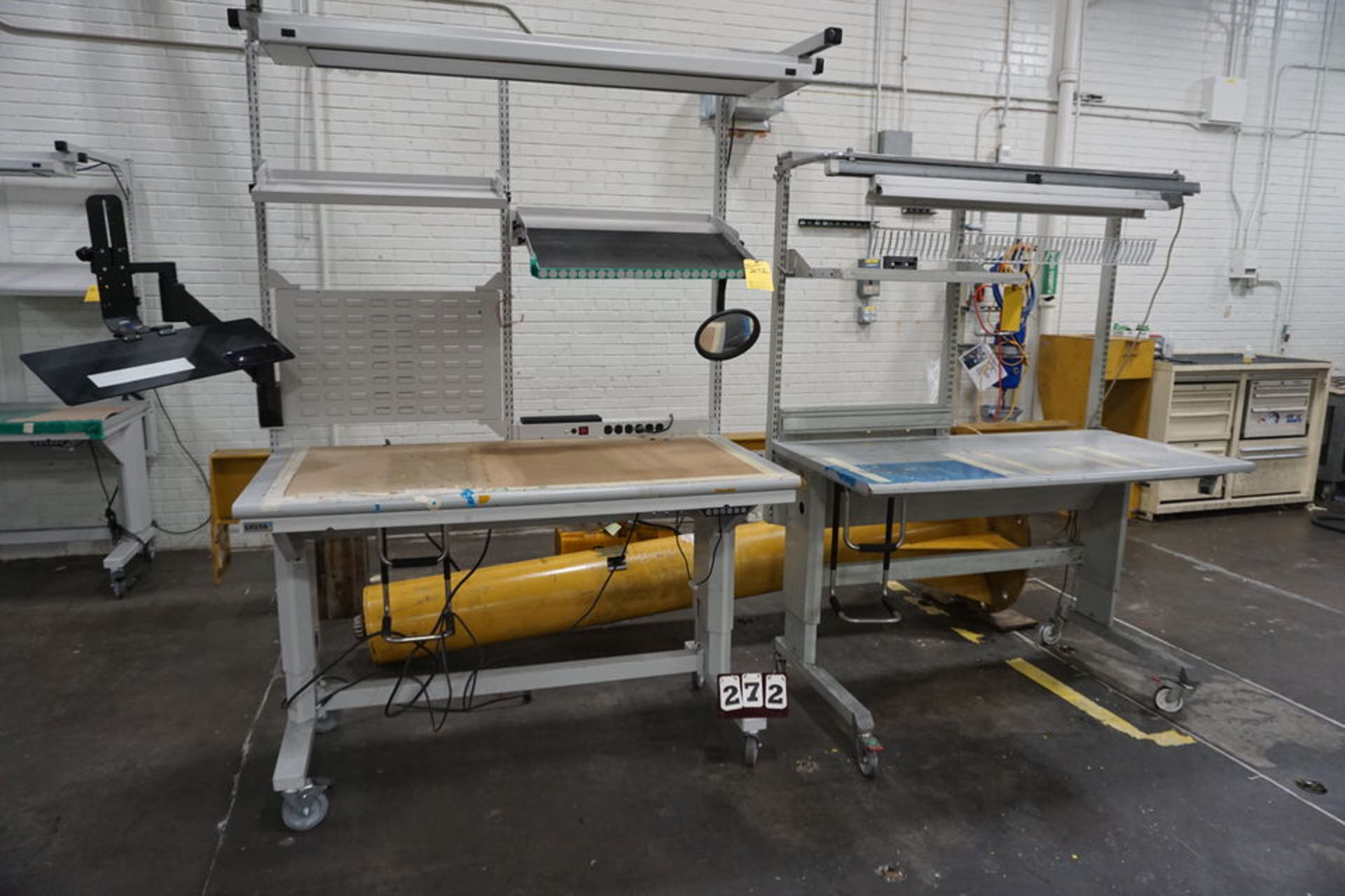 (2) Elec Lighted Adj Ht Work Benches, 30" x 60" on Casters