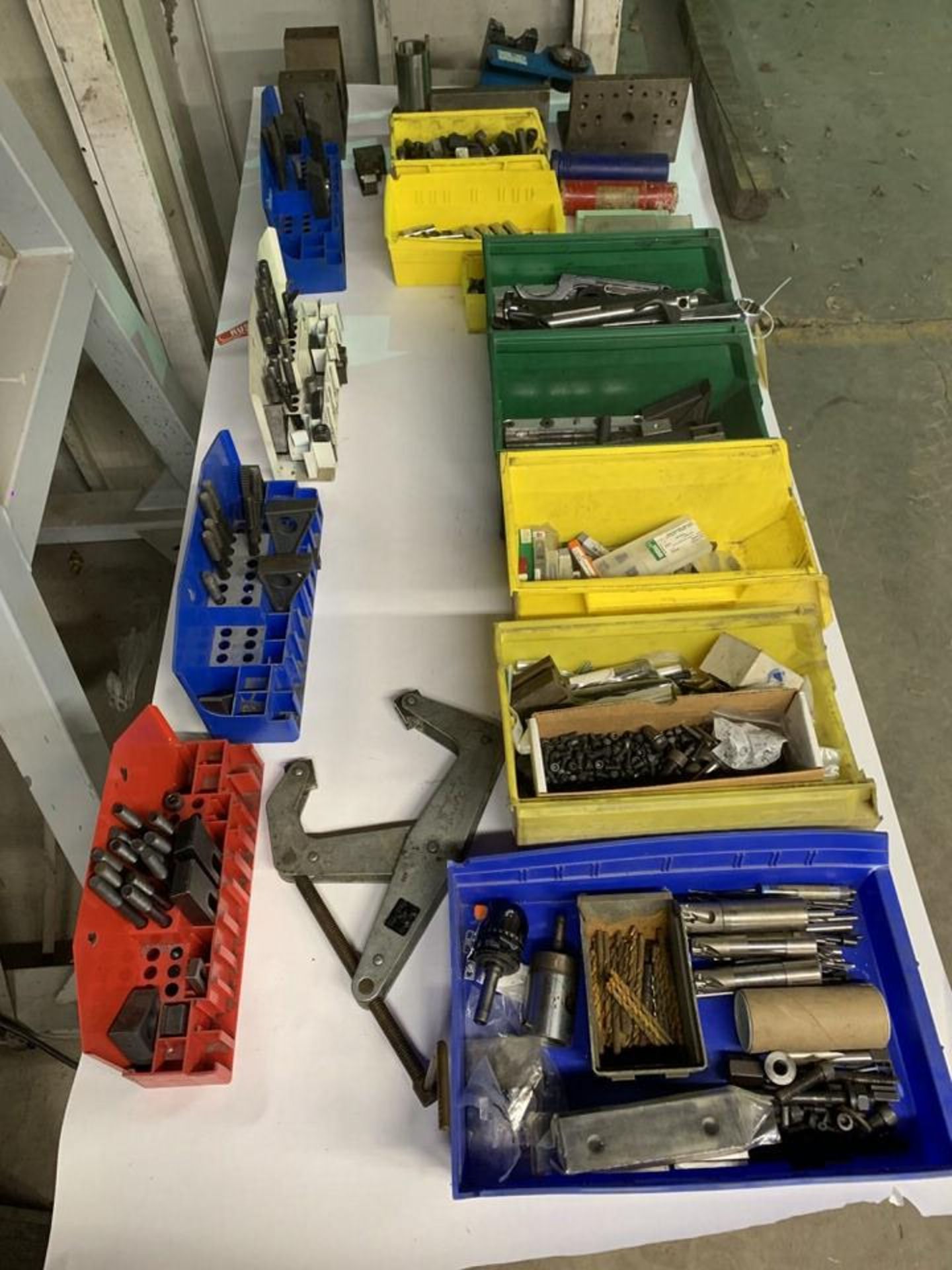 ASSORT TOOLING: DRILL BITS, END MILLS, CLAMPS, HEX SCREWS, MISC.