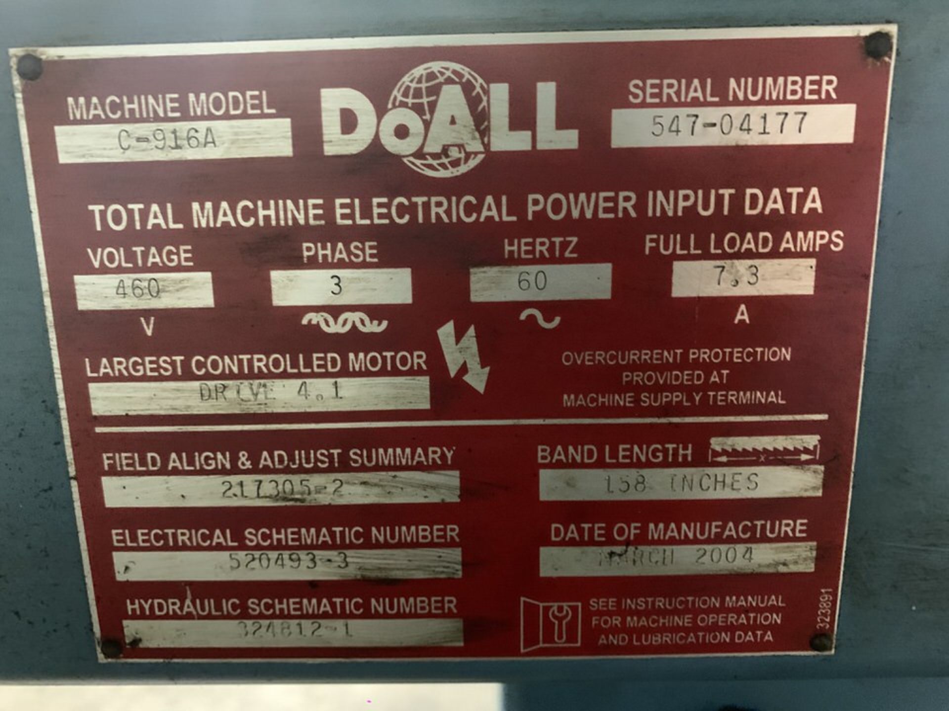 DOALL C-916 HORIZONTAL BANDSAW (LOCATION: 3421 N SYLVANIA AVE, FT WORTH TX 76111) - Image 3 of 3