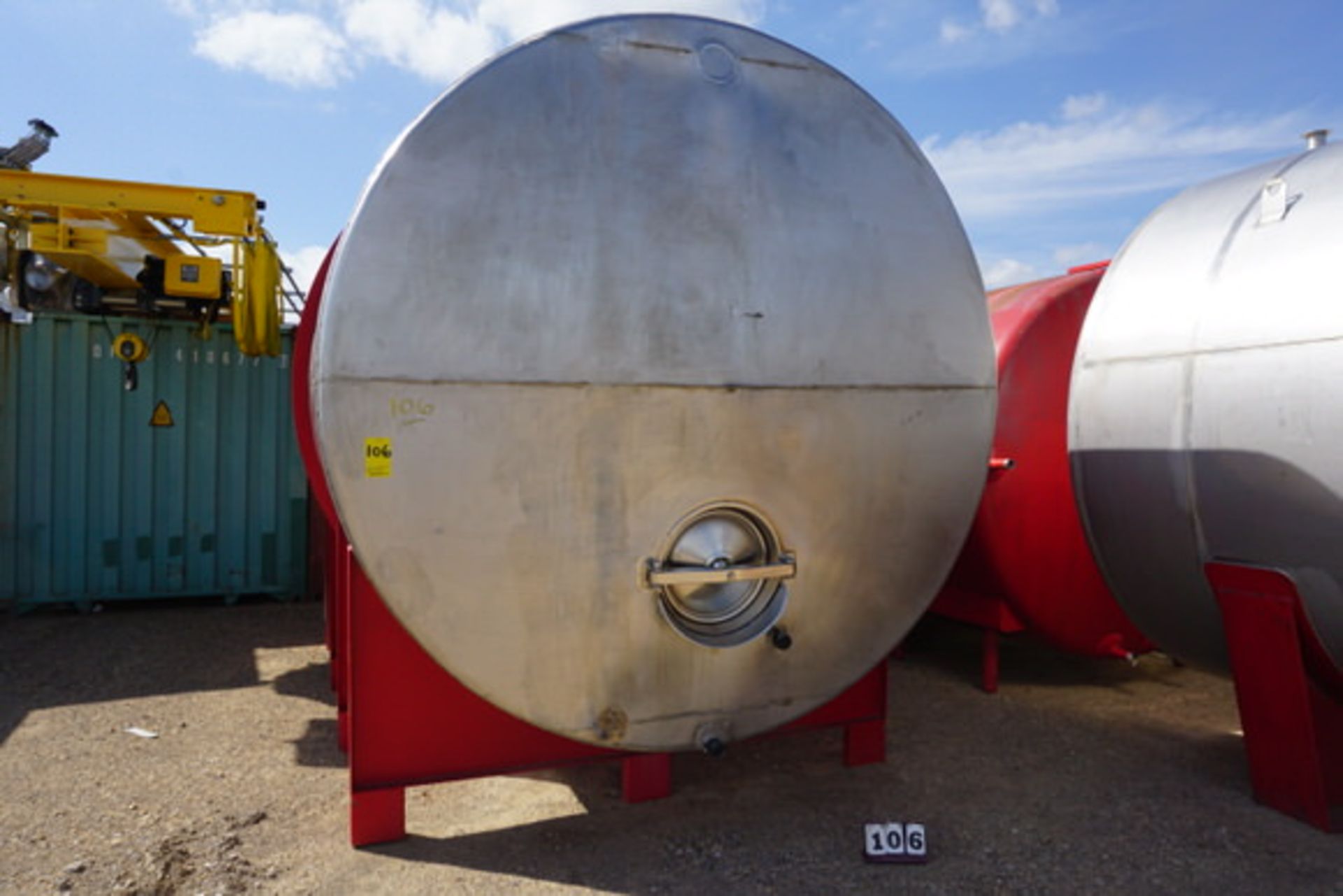 Stainless Steel Storage Tank w/ Stand, Approx 8' Dia x 15' lg x 10' Tall (LOCATION: ROME, TX)