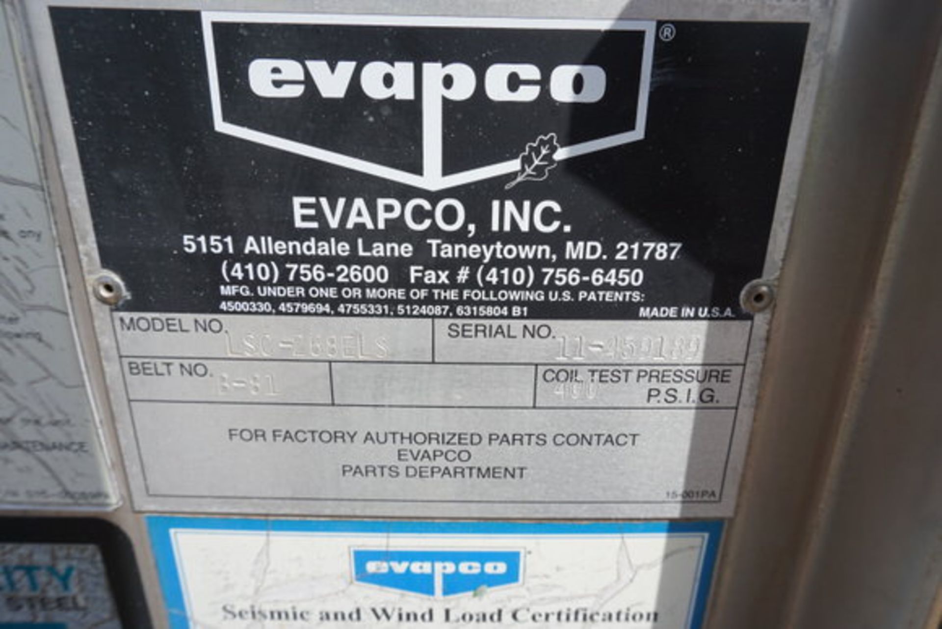 Evapco LSC-268ELS E-Pac Technology Chiller, Coil Test Pressure, 400 PSI(LOCATION: ROME, TX) - Image 9 of 12