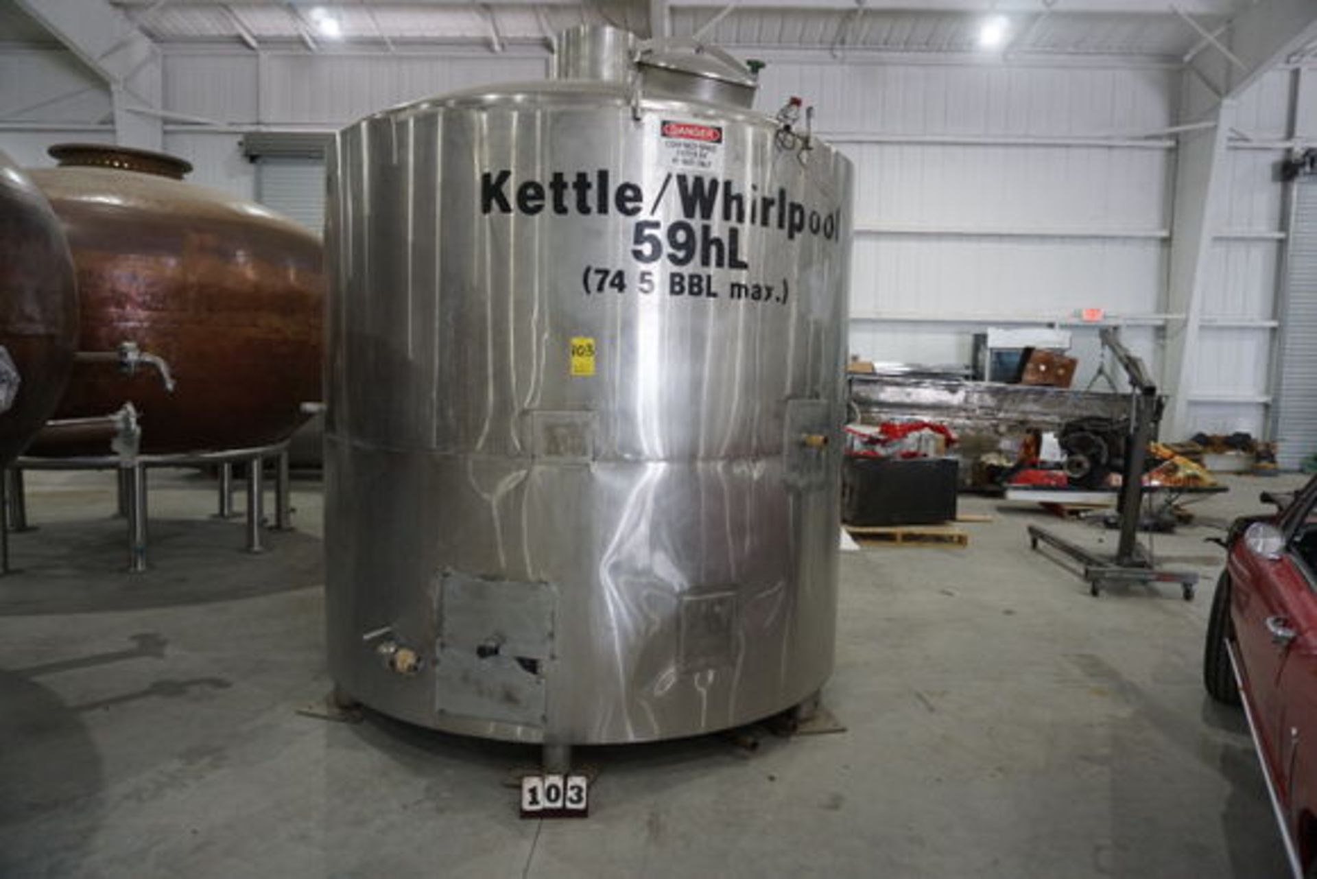 Stainless Steel Mixing Kettle/ Whirpool Tank, 59HL, 745 BBL Max Cap (LOCATION: ROME, TX)