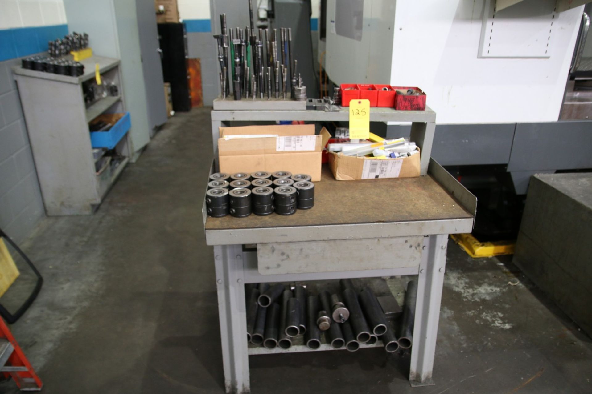 Steel Work Bench with Contents Contents Include Fixture Pucks, Setup Tooling, Reamers and Drills