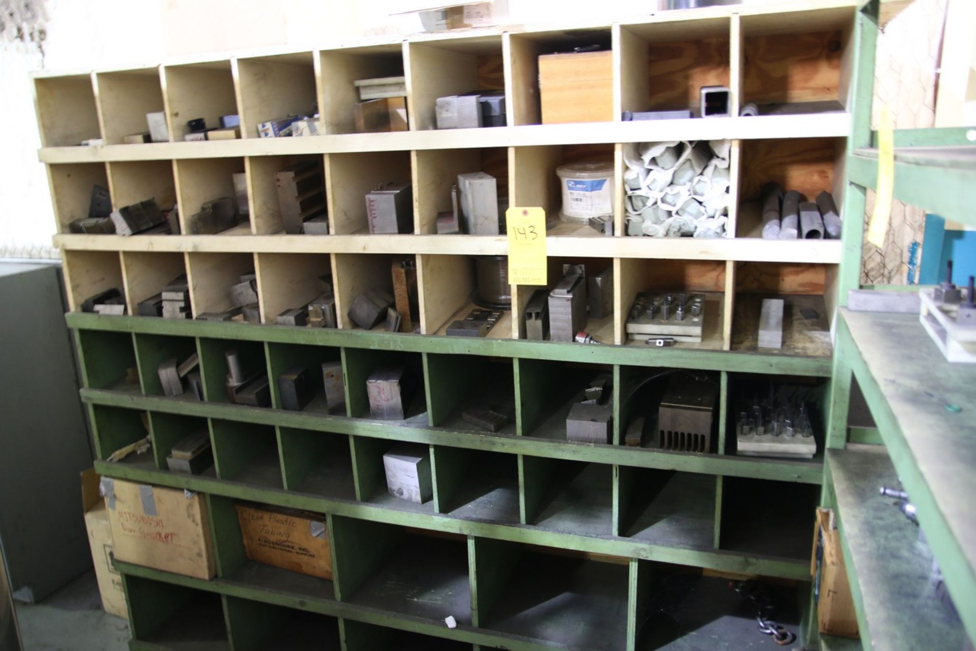 Wooden Shelves with Various Contents (2) Wooden Shelves, Contents Include Misc. Steel Blocks and