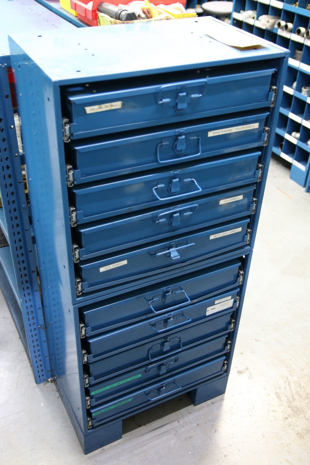 Steel Hardware Cabinet with Various Contents Contents Include Steel Dowel Pins and Socket Head