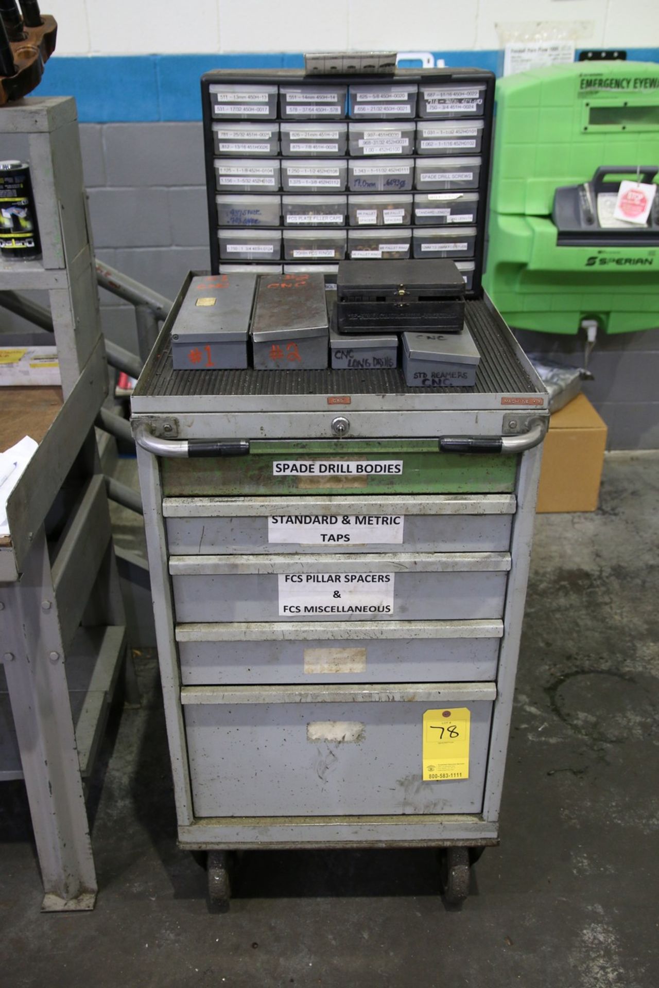 Rolling Metal Cabinet with Contents Contents Include Fixture Pucks, Drill Bodies, Taps, Drills,