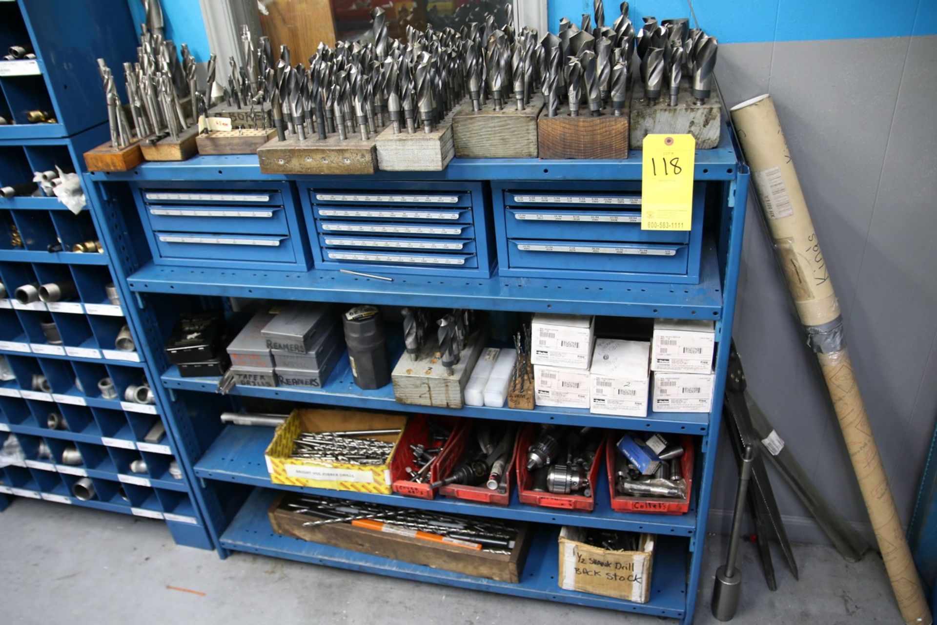 Steel Shelf with Various Contents Contents Include Drills, Reamers and other Related Items