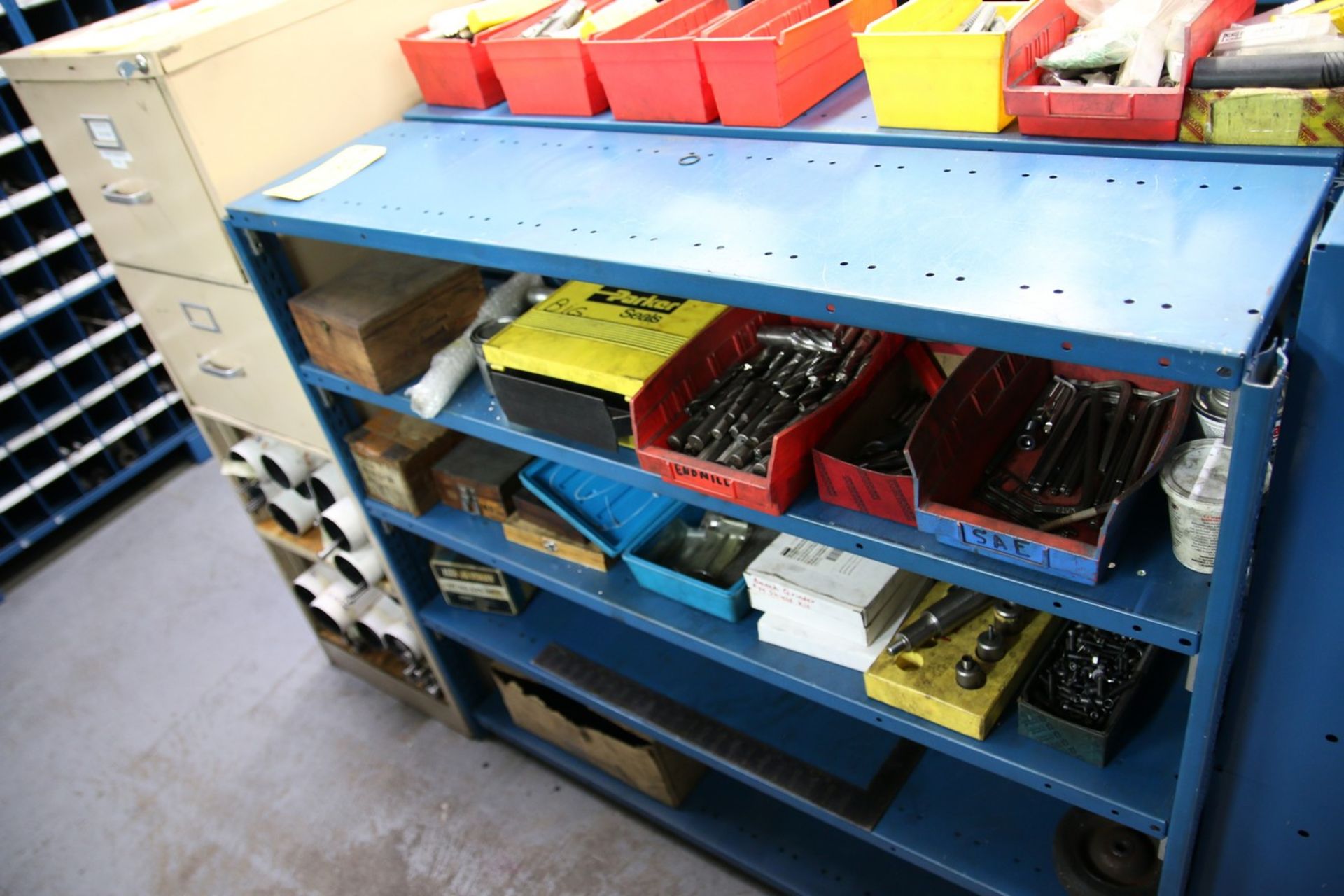 Steel Shelf and Cabinet with Contents (1) Shelf and (1) Filling Cabinet, Contents Include Drills,
