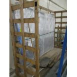 SINGLE SIDED METAL FRAME GLASS RACK, APPROX 5' X 7' X 5' W/ (12) VARIOUS SIZE GLASS, WOODEN CRATE 3'