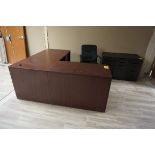 L DESK, OFFICE CHAIR, (3) 5 DRAWER CABINETS