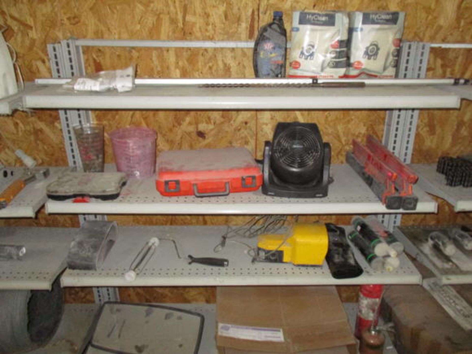 ASSORT TOOLS, PARTS W/ SHELVES IN (3) AREAS ALONG WALL - Image 3 of 10